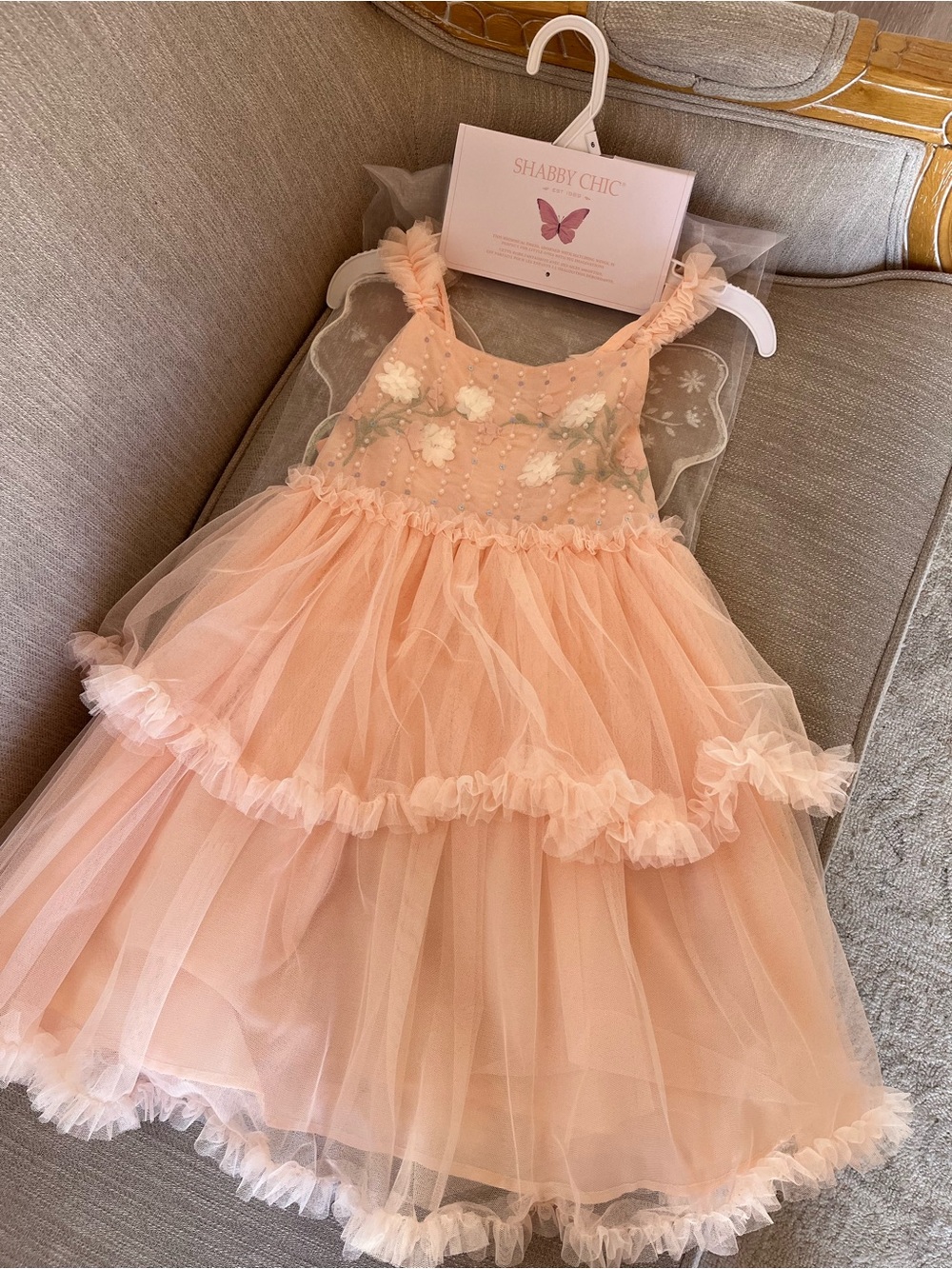 Shabby Chic Peach Layered Tulle Dress and wings